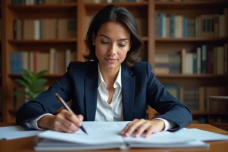 Femme étudiant les questions du test de naturalisation française avec des documents officiels sur un bureau en bois