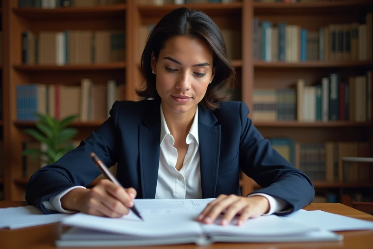 Femme étudiant les questions du test de naturalisation française avec des documents officiels sur un bureau en bois