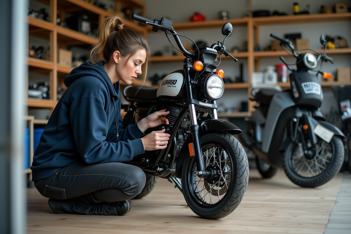 Femme ajustant le guidon de sa Skyteam Dax dans un garage