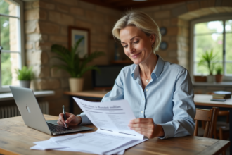 Femme d'âge moyen examinant des papiers fiscaux dans une maison de campagne