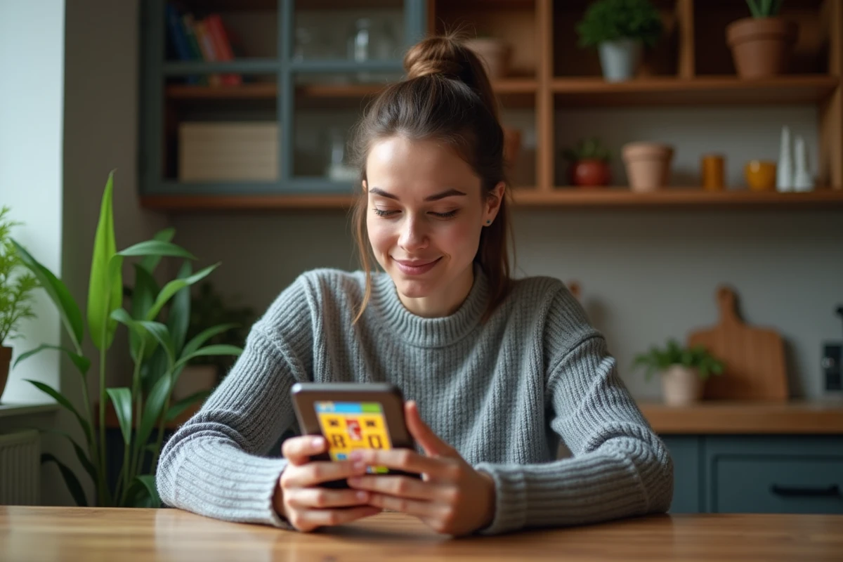 Femme jouant à 4 Images 1 Mot sur smartphone, concentrée sur un mot de 9 lettres