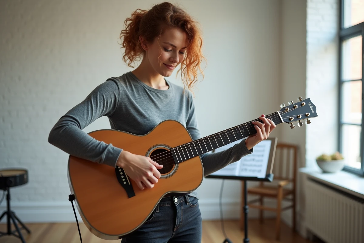 Jeune femme jouant une guitare Atlantic dans une salle de répétition minimaliste