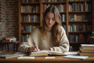 Jeune femme lisant un livre annoté dans une bibliothèque personnelle entourée de notes manuscrites, illustration des figures de style littéraires