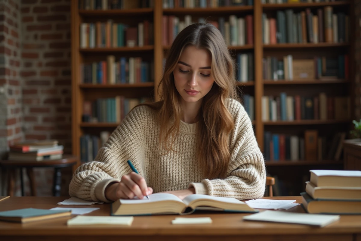 Jeune femme lisant un livre annoté dans une bibliothèque personnelle entourée de notes manuscrites, illustration des figures de style littéraires