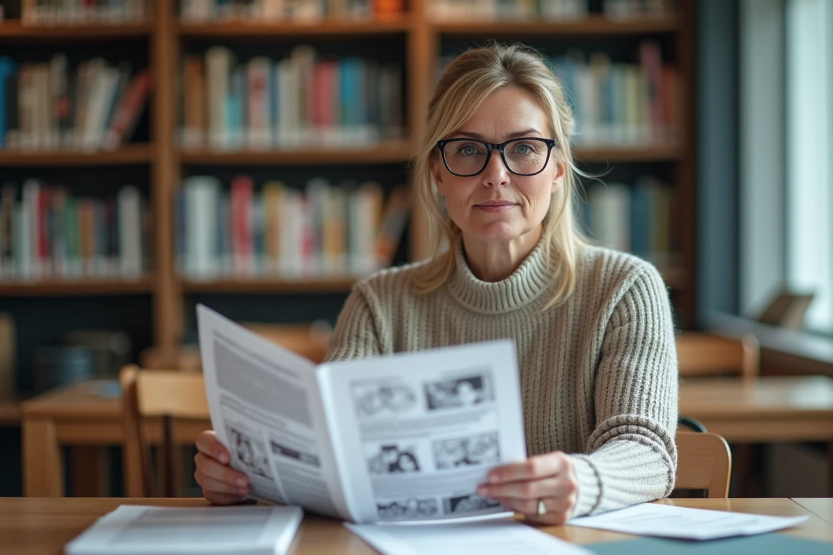 Femme lisant des pages de manga dans un espace de coworking