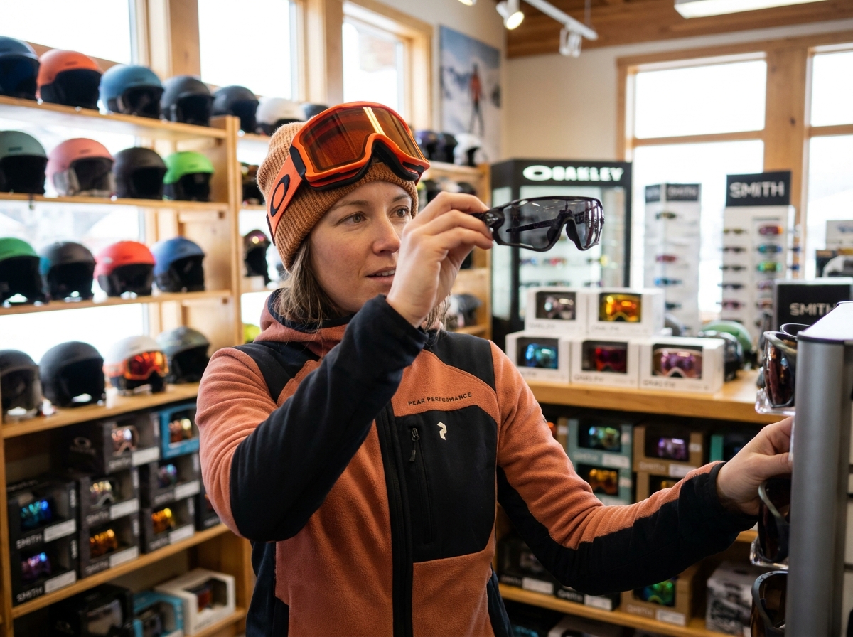 Femme examinant des lunettes de sport dans un magasin de ski spécialisé avant la saison hivernale
