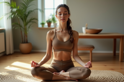 Jeune femme méditant dans un salon zen et lumineux