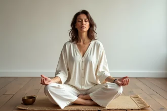 Femme pratiquant la méditation avec un mantra dans une salle minimaliste aux murs blancs