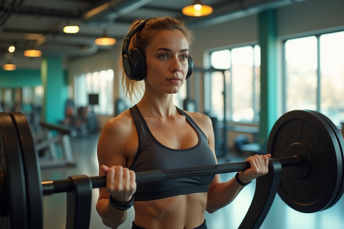 femme soulevant des poids dans une salle de sport urbaine lumineuse