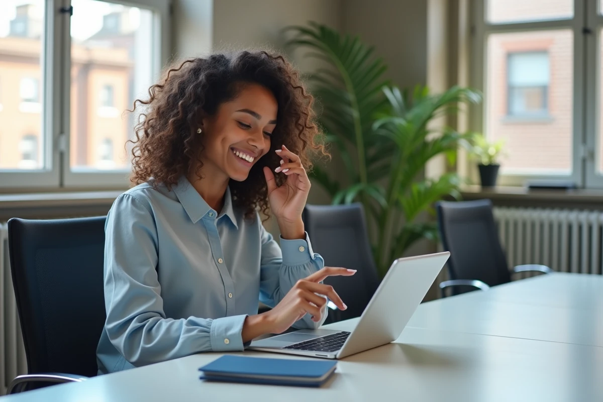 Jeune femme souriante utilisant une tablette pour générer une équipe