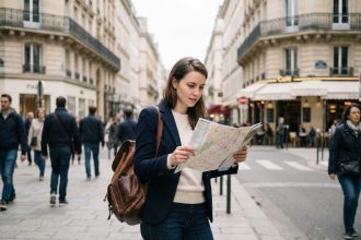 Jeune femme avec carte dans une rue parisienne
