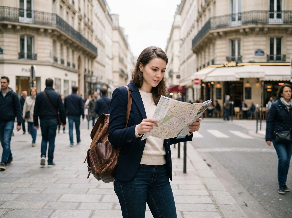 Jeune femme avec carte dans une rue parisienne