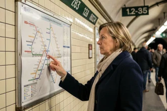 Femme consultant le plan du métro de Paris affiché sur le mur d'une station aux carreaux blancs emblématiques