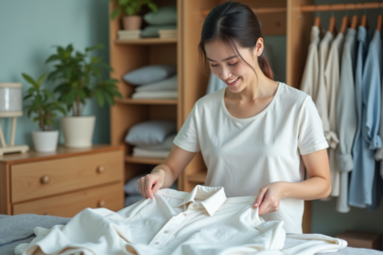 Jeune femme plie un t-shirt en coton dans sa chambre lumineuse