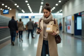 Femme dans un bureau de poste moderne vérifiant son téléphone