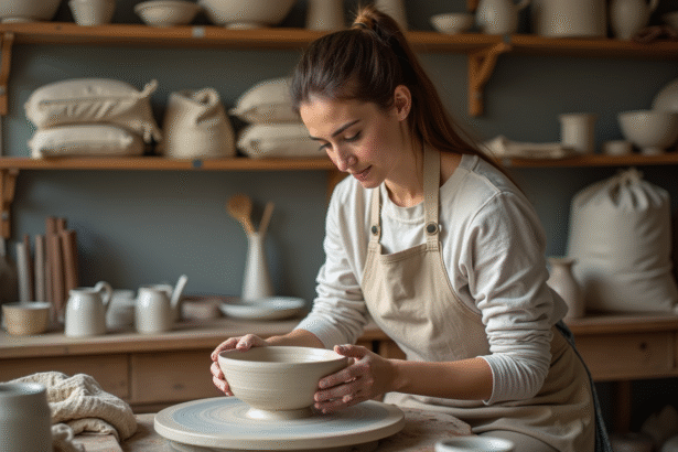 Femme concentrée façonnant un bol en céramique dans son atelier