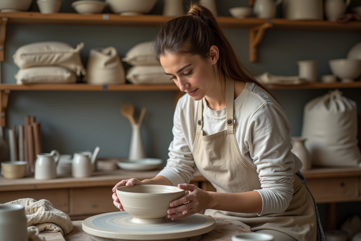 Femme concentrée façonnant un bol en céramique dans son atelier