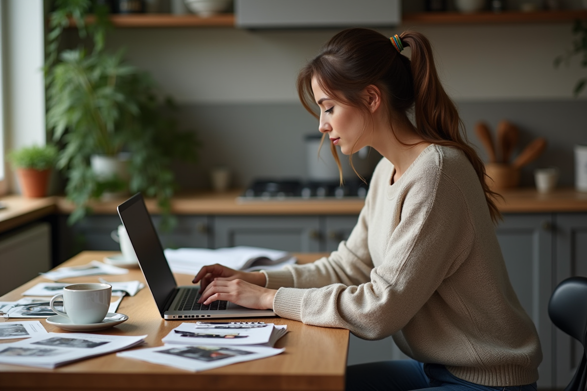 Jeune femme cherchant des pièces auto sur son ordinateur à la maison
