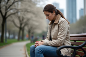 Femme assise sur un banc de parc en réflexion