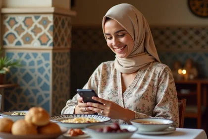 Femme tunisienne répondant poliment à un message de Saha Ftourek sur son téléphone pendant le repas du ftour