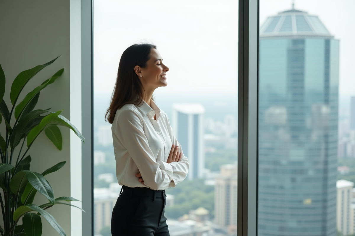 Femme prenant une pause dans un bureau avec vue urbaine
