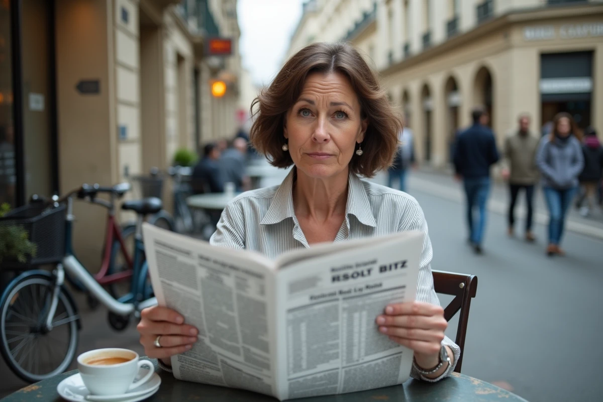 Femme lisant les résultats du Keno soir dans un journal à la terrasse d'un café parisien