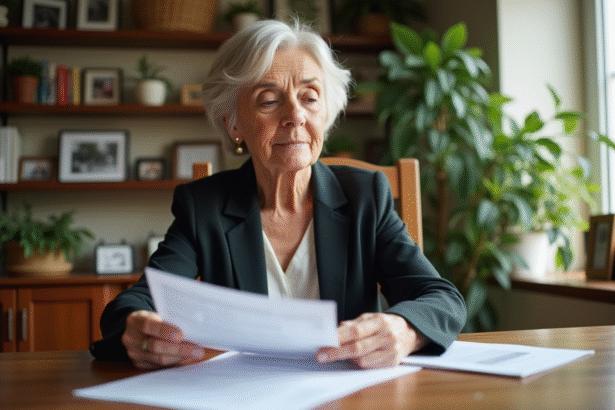 Femme d'environ soixante ans lisant des documents de retraite à la maison