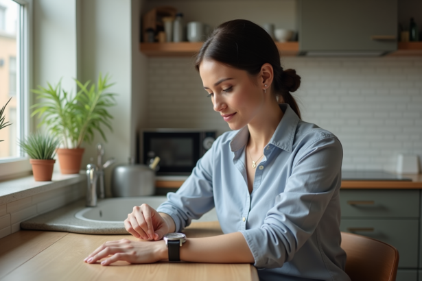 Femme d'âge moyen regardant sa montre dans une cuisine lumineuse