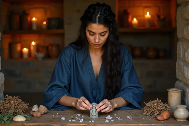 Femme en robe indigo plaçant un scarabée en pierre sculptée sur un autel rituel entouré d'herbes et de cristaux