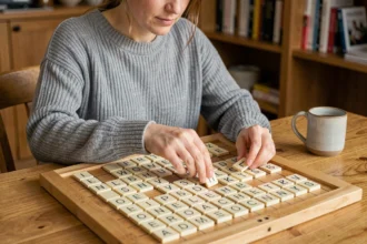 Femme jouant au Scrabble et plaçant des lettres W et Z sur un plateau de jeu en bois