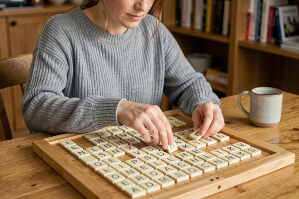 Femme jouant au Scrabble et plaçant des lettres W et Z sur un plateau de jeu en bois