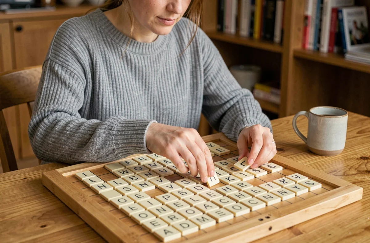 Femme jouant au Scrabble et plaçant des lettres W et Z sur un plateau de jeu en bois