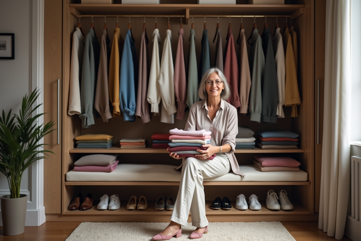 Femme assise dans un dressing pliant des pulls colorés
