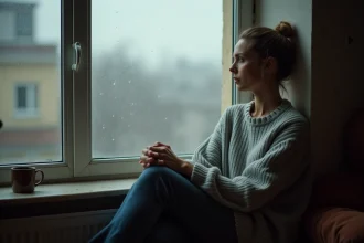 Femme seule assise près d'une fenêtre pluvieuse dans un appartement, regard perdu dans le vague, illustrant la solitude et la tristesse