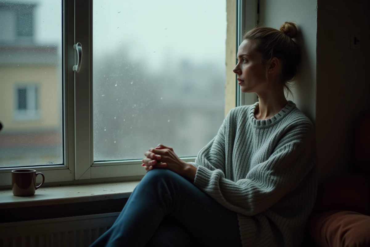Femme seule assise près d'une fenêtre pluvieuse dans un appartement, regard perdu dans le vague, illustrant la solitude et la tristesse