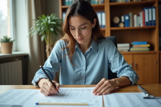 Femme consultant un tableau de conversion litres en mètres cubes à son bureau
