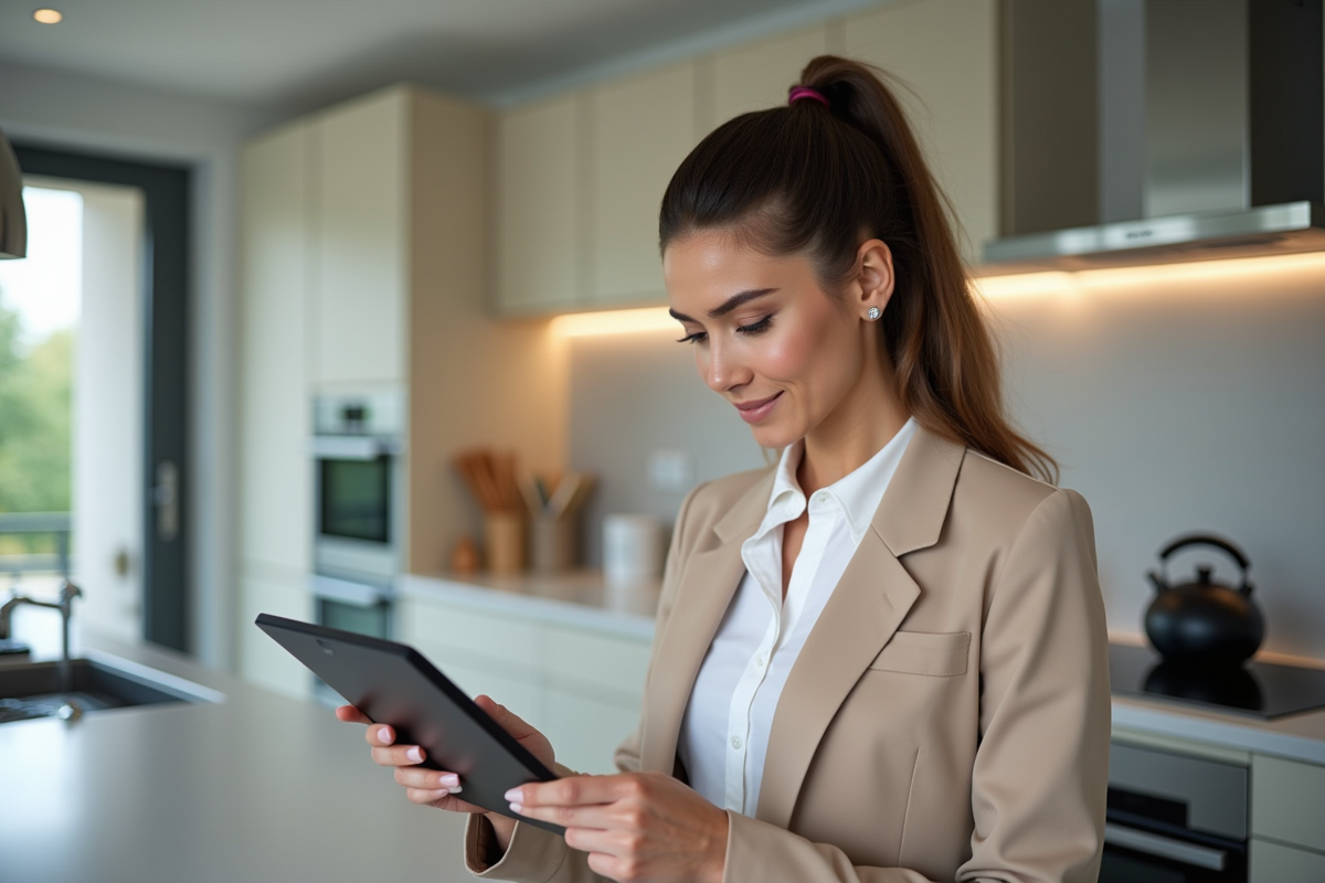 Femme d affaires regarde graphiques SCPI sur tablette dans cuisine