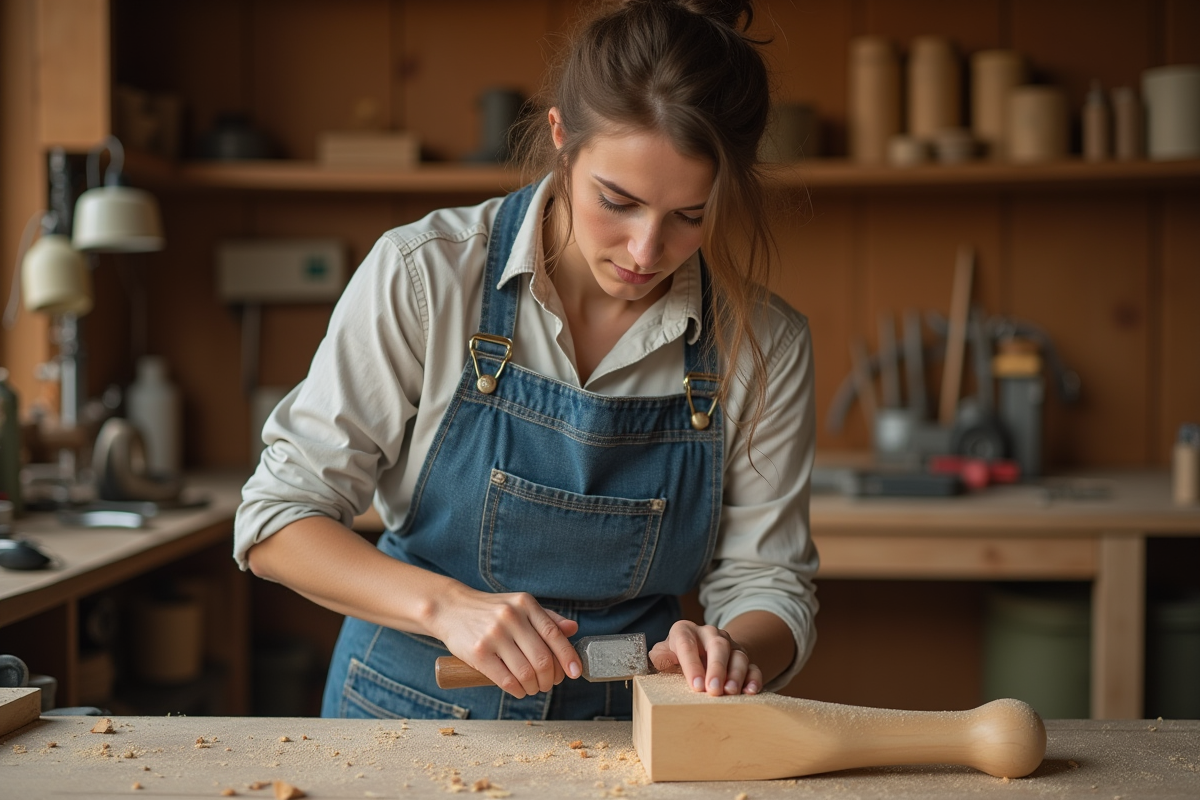 Jeune femme taillant une jambe de chaise en bois dans un atelier