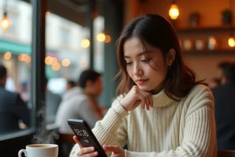 Jeune femme dans un café regardant son téléphone affichant 18h18 avec une expression pensive et intriguée