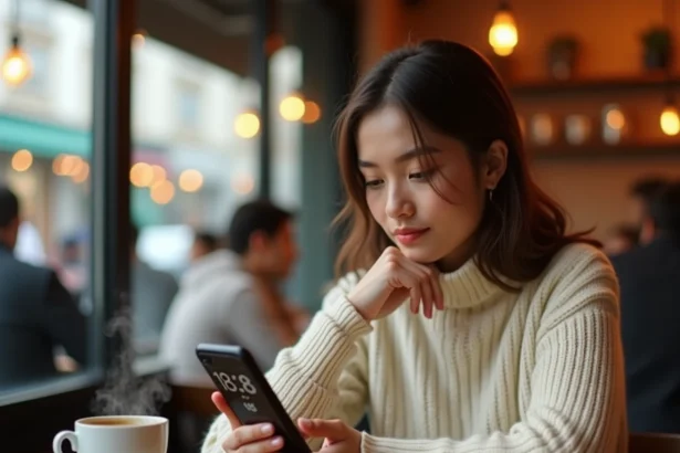 Jeune femme dans un café regardant son téléphone affichant 18h18 avec une expression pensive et intriguée
