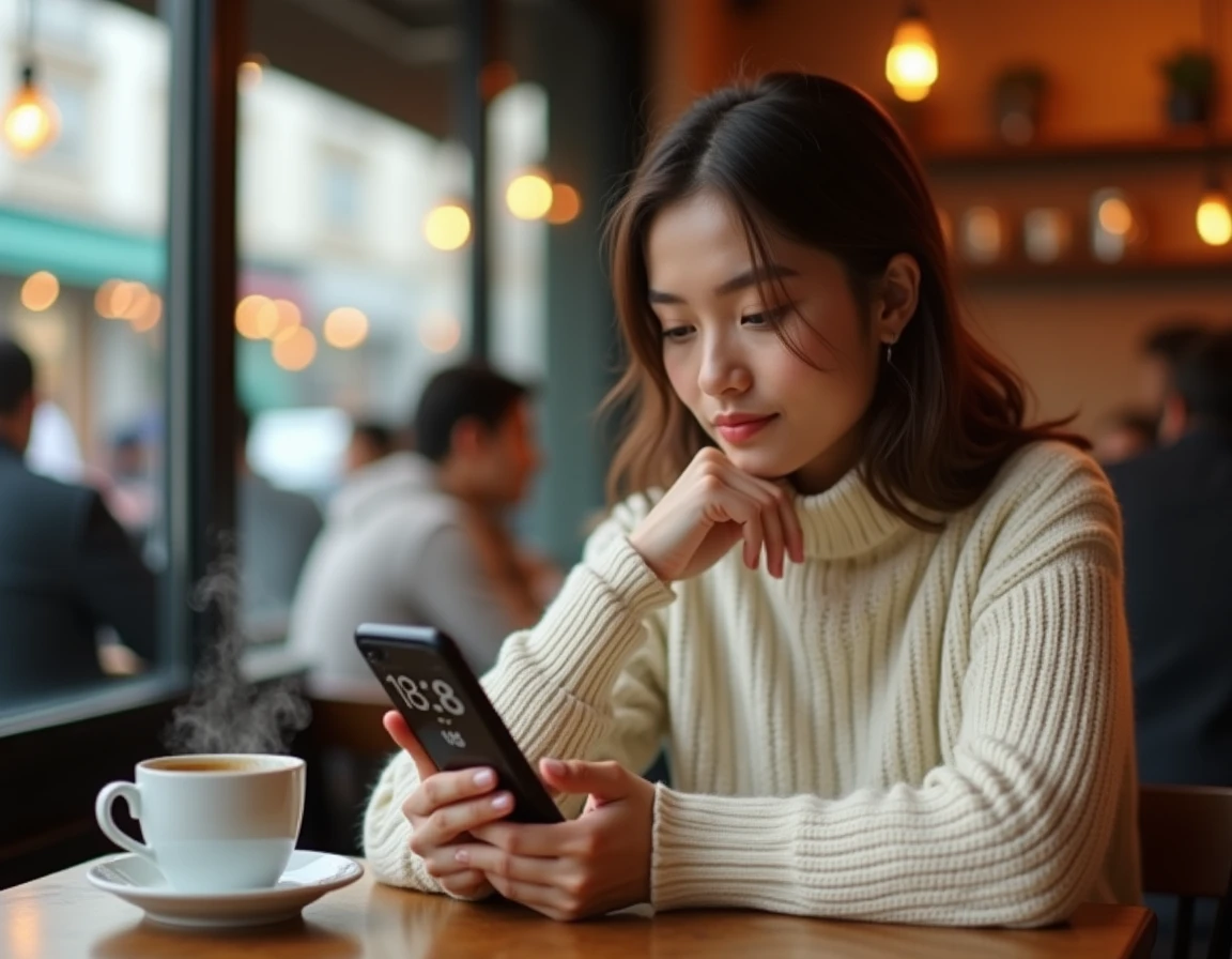 Jeune femme dans un café regardant son téléphone affichant 18h18 avec une expression pensive et intriguée