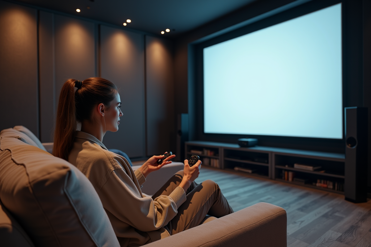 Jeune femme teste un écran motorisé dans un home cinéma