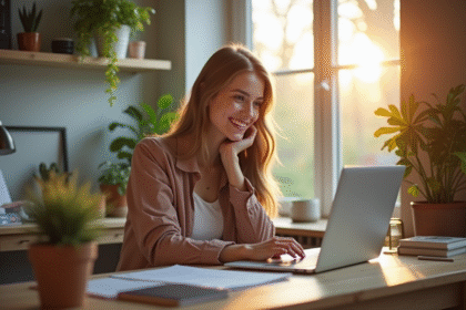 Jeune femme souriante avec argent devant son ordinateur à la maison