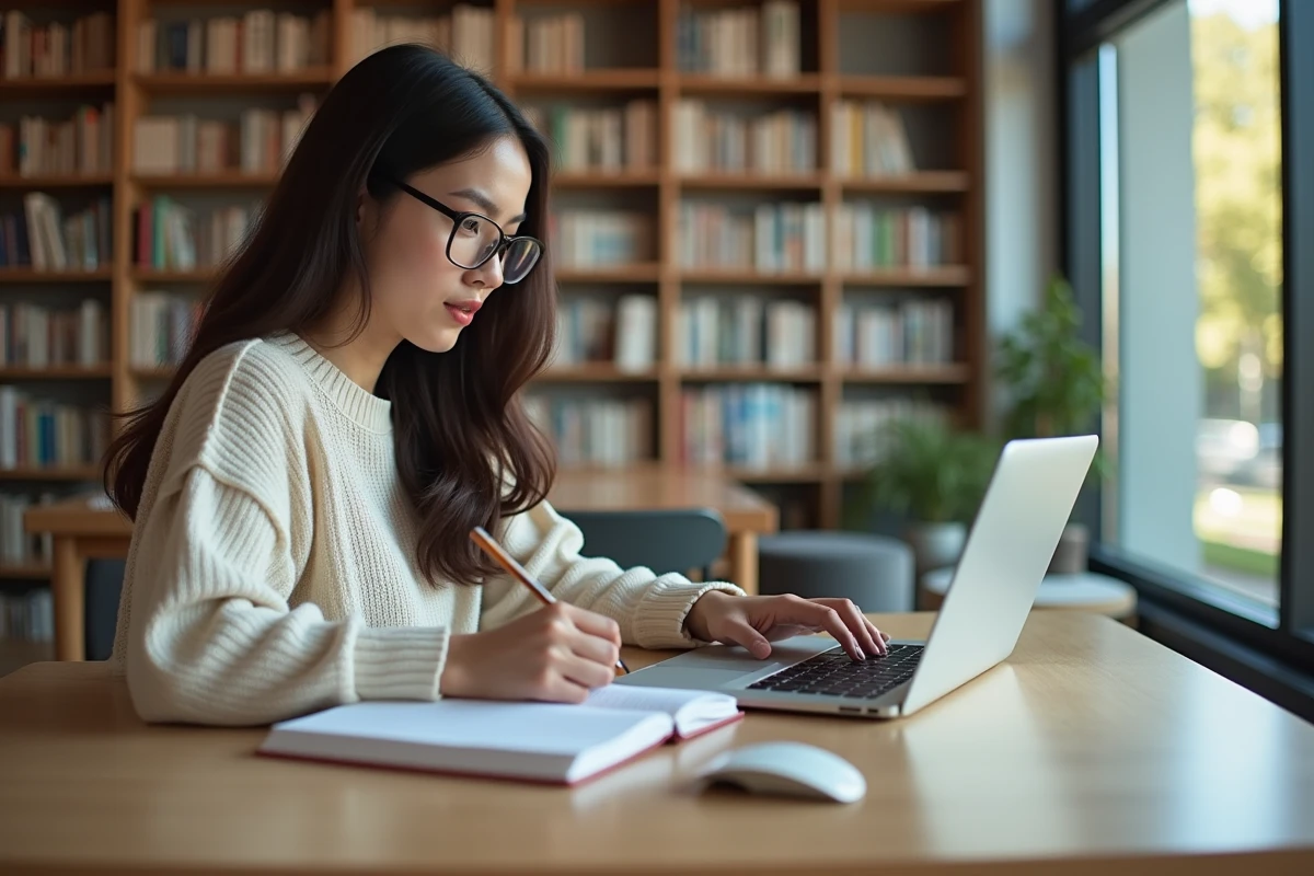 Femme travaillant sur manga dans une bibliothèque lumineuse