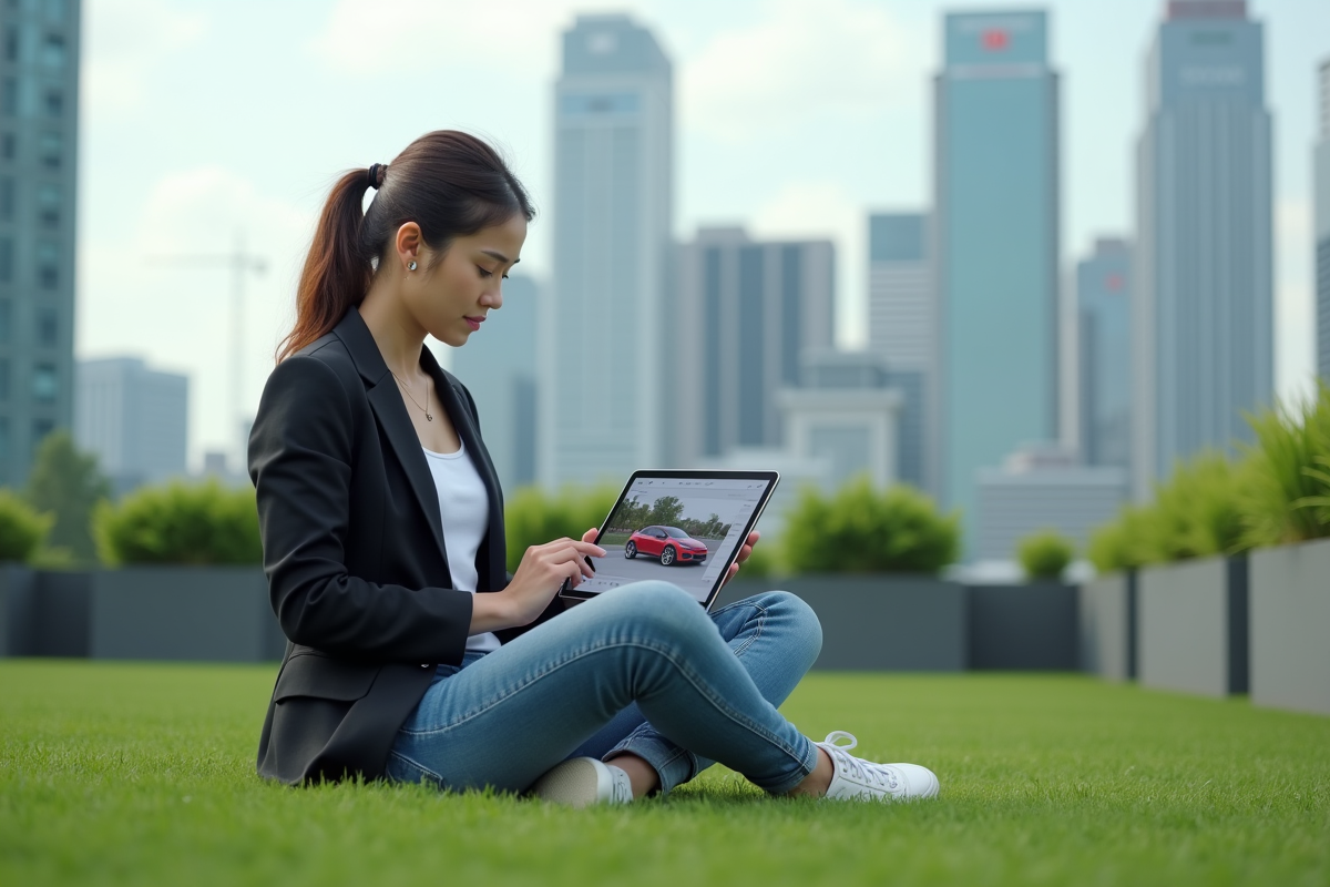 Jeune femme lisant tablette sur toit urbain