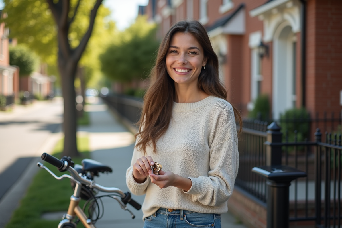 Femme souriante avec clés de maison devant une rue résidentielle
