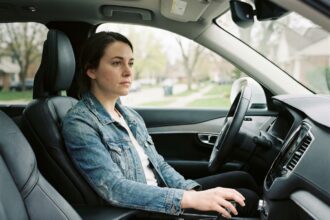 Jeune femme en denim dans une voiture moderne