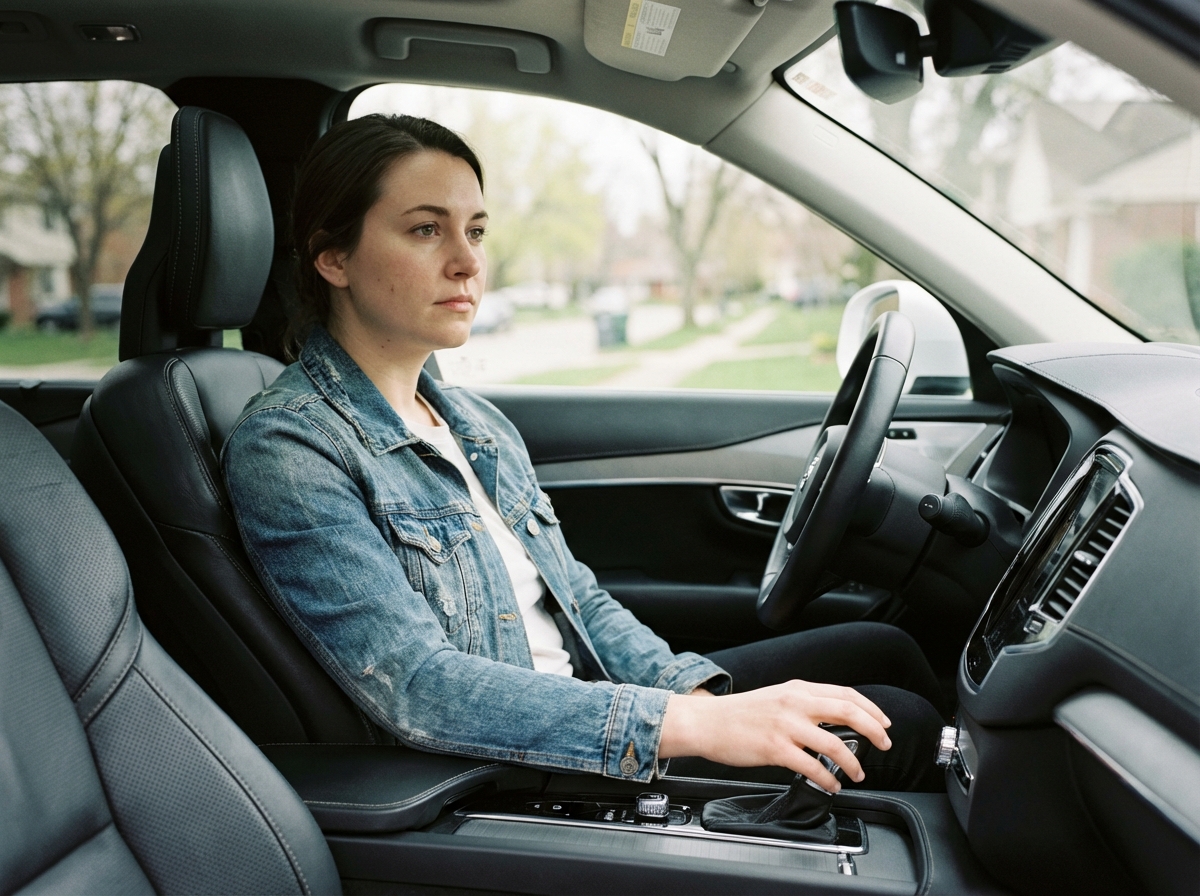 Jeune femme en denim dans une voiture moderne