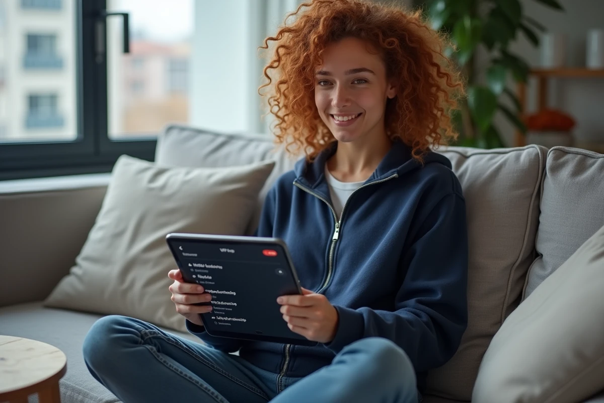 Femme utilisant une application VPN sur une tablette pour contourner un site bloqué depuis son salon
