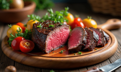 Filet mignon tranché servi sur une planche en bois avec légumes grillés